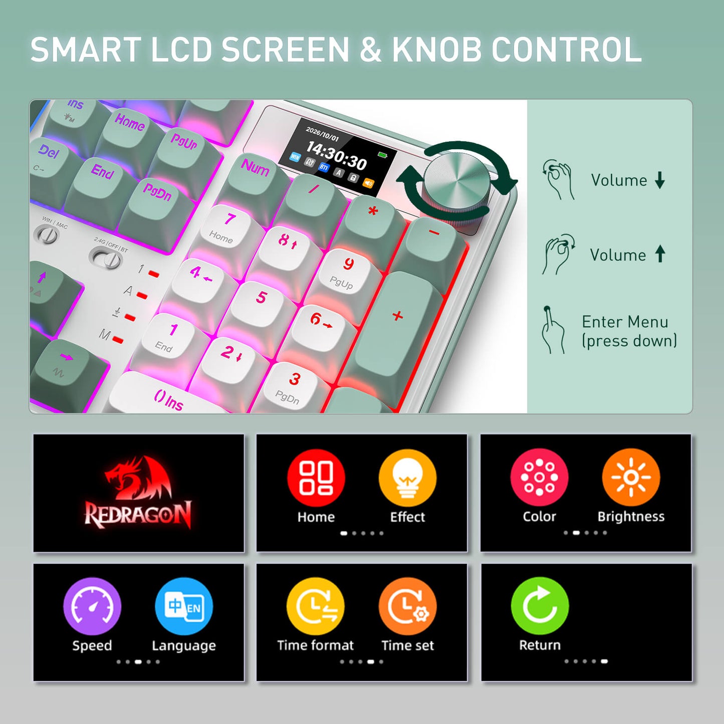 Control panel with smart LCD screen and knob control, featuring Redragon branding and various function icons.