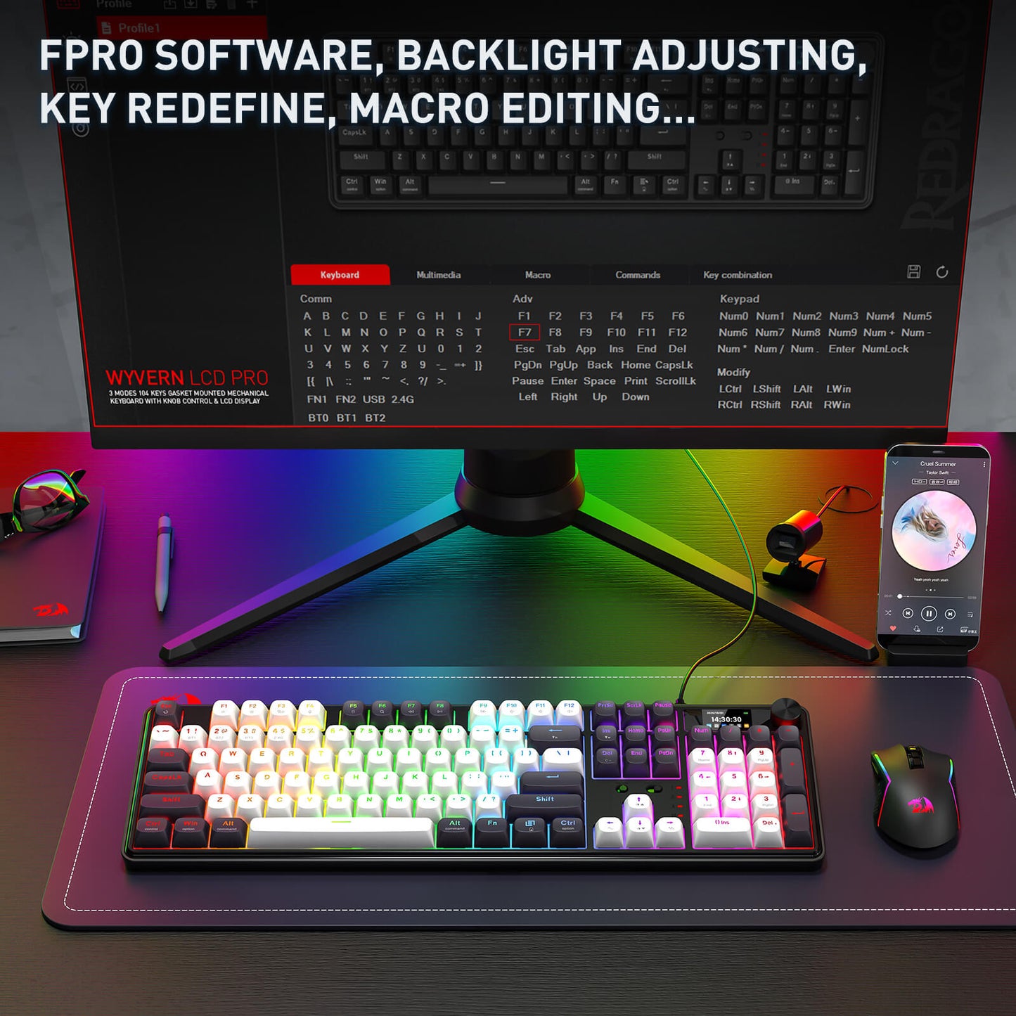 Gaming setup with a keyboard, mouse, and monitor displaying software features on a desk.