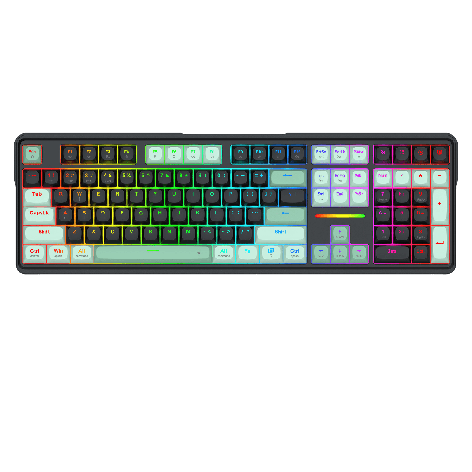 A full-sized mechanical keyboard with a dark gray frame and multicolor RGB backlighting, shown against a solid black background.