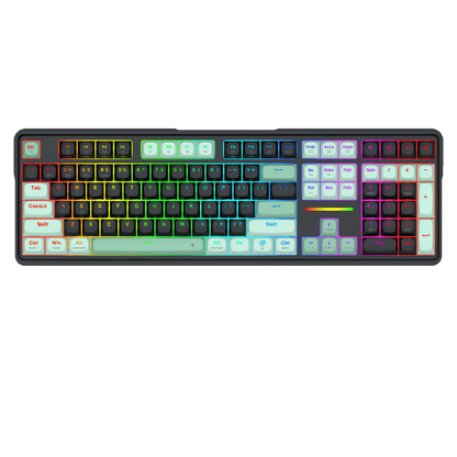 A full-sized mechanical keyboard with a dark gray frame and multicolor RGB backlighting, shown against a solid black background.