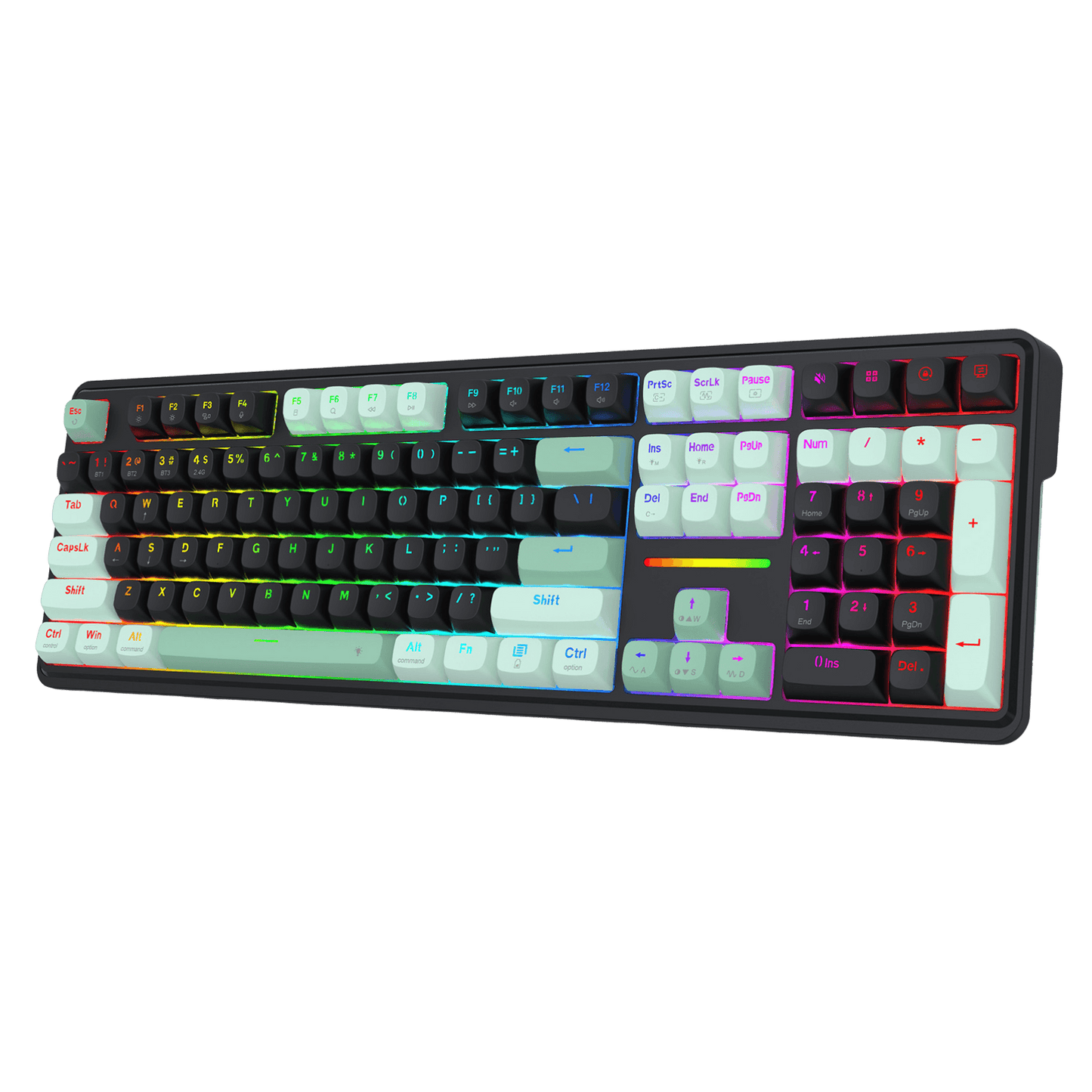 A compact mechanical keyboard with a black frame and colorful RGB backlighting, featuring white and light blue keycaps, set against a solid black background. | show