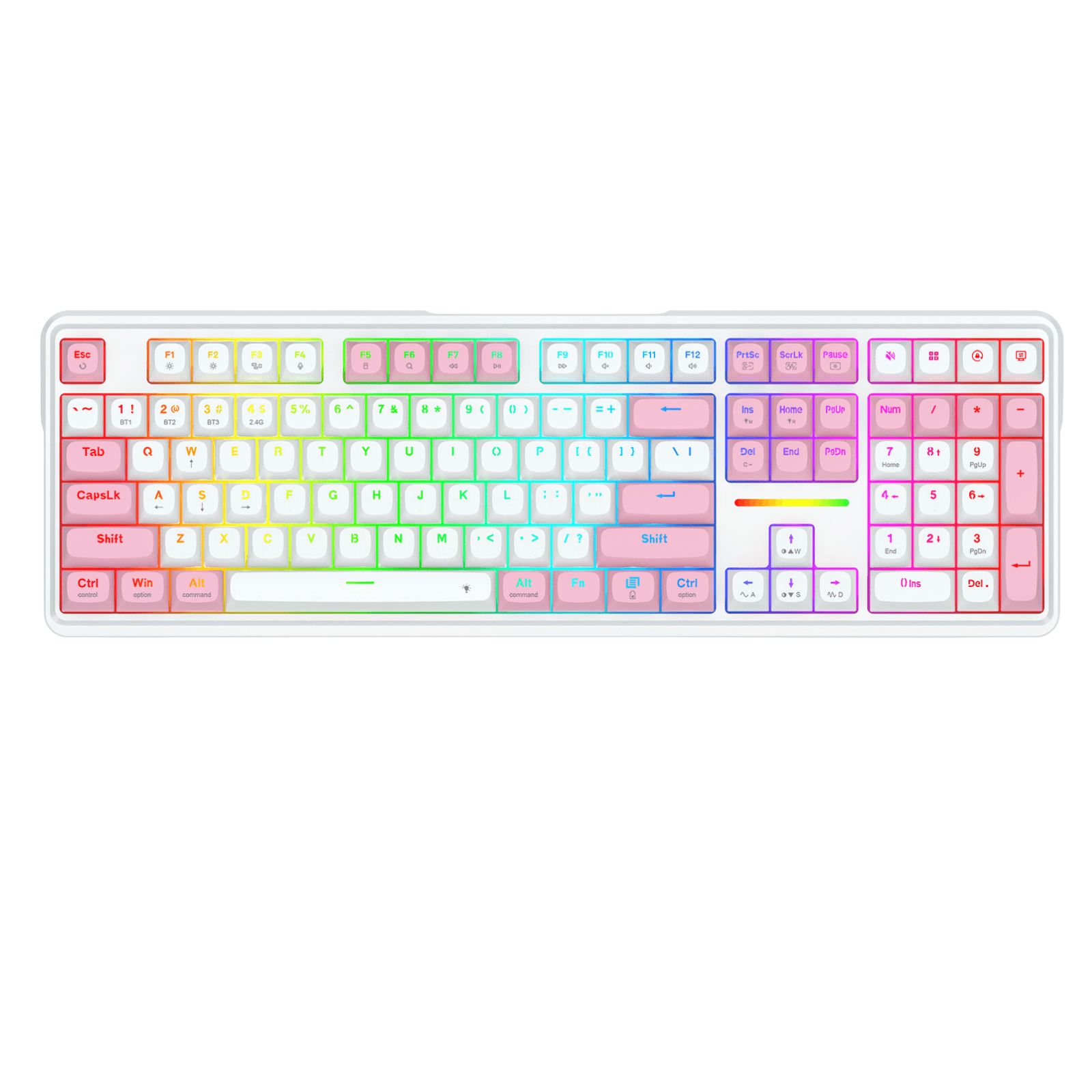 A full-sized mechanical keyboard with a white frame and a pastel rainbow gradient backlighting on a solid black background.