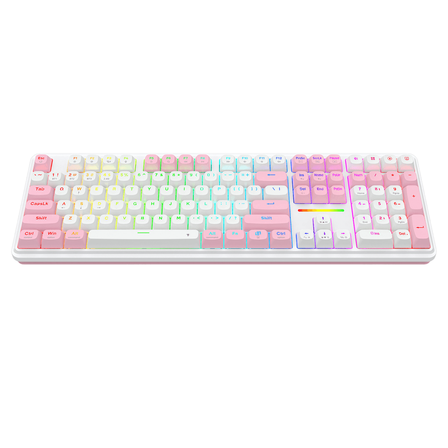 A compact mechanical keyboard with pastel rainbow keycaps and a white frame, shown against a solid black background.