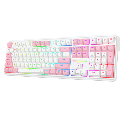 A compact mechanical keyboard with a white frame and pastel-colored keycaps featuring a rainbow RGB backlighting, shown against a solid black background. | show
