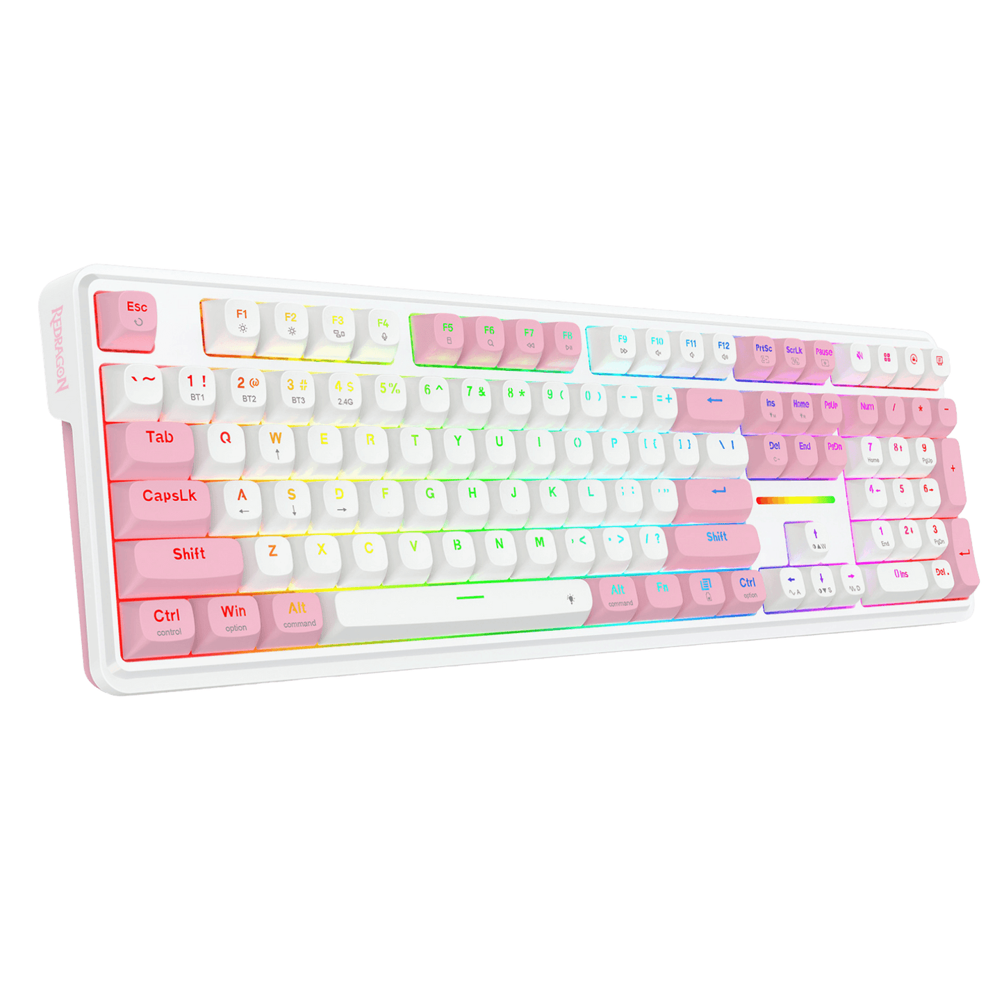A compact mechanical keyboard with pastel gradient keys transitioning from pink to yellow, green, and blue, set against a solid black background.