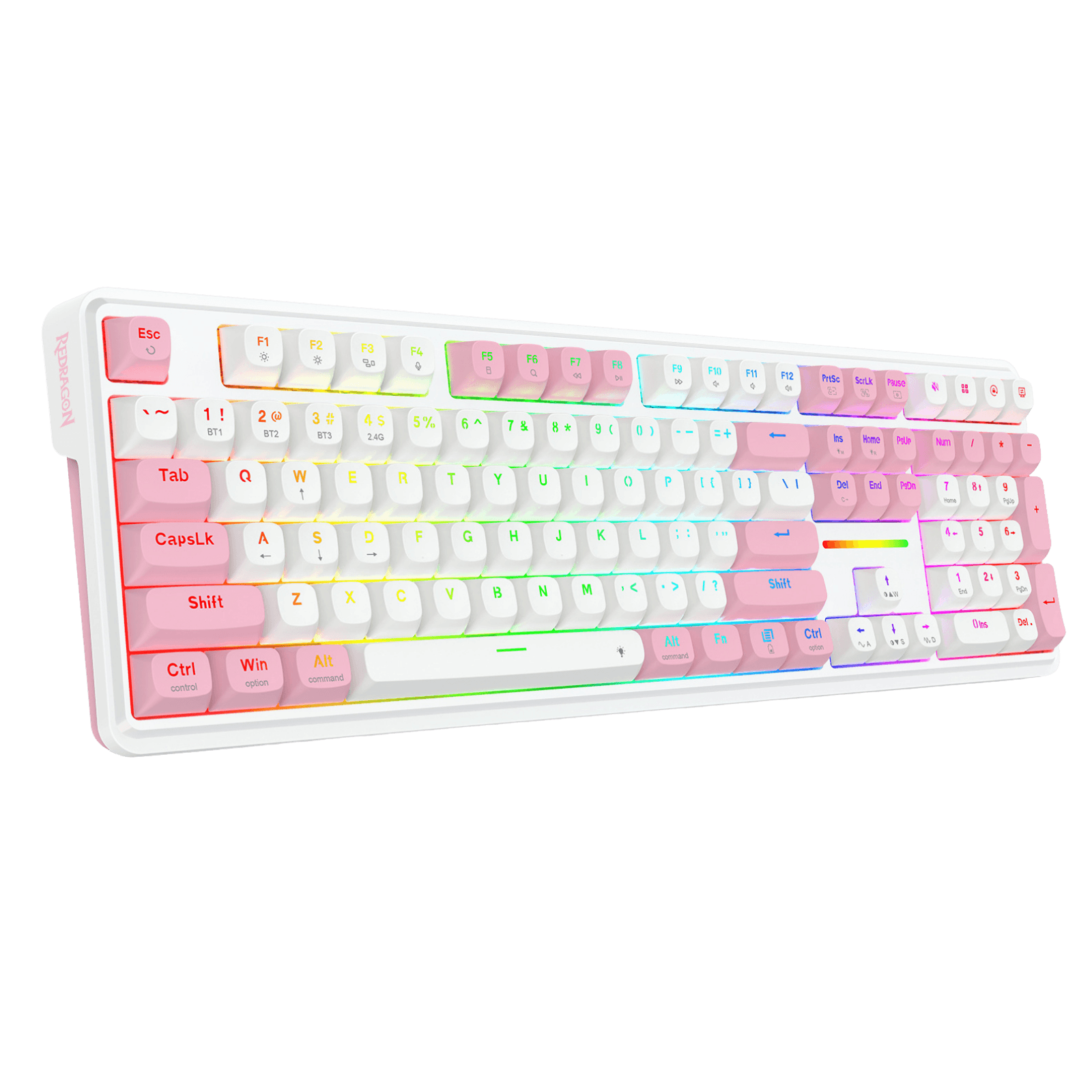 A compact mechanical keyboard with pastel gradient keys transitioning from pink to yellow, green, and blue, set against a solid black background.