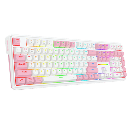 A compact mechanical keyboard with pastel gradient keys transitioning from pink to yellow, green, and blue, set against a solid black background.
