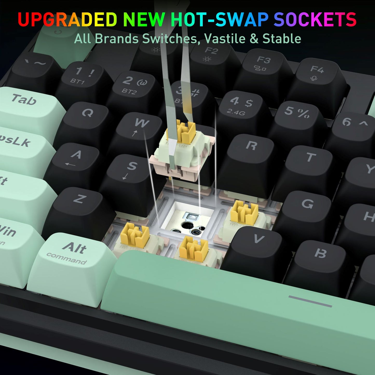 Close-up of a mechanical keyboard with a transparent hot-swappable socket cover lifted open to show the switch and gold contacts, with marketing text at the top reading 'UPGRADED NEW HOT-SWAP SOCKETS'.