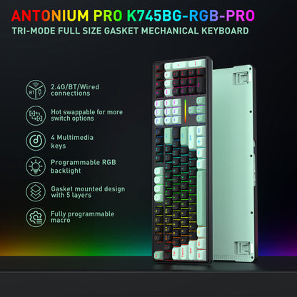 Antonium Pro K745BG-RGB-PRO tri-mode full size mechanical keyboard shown from the front and back, with feature callouts on a dark gradient background.