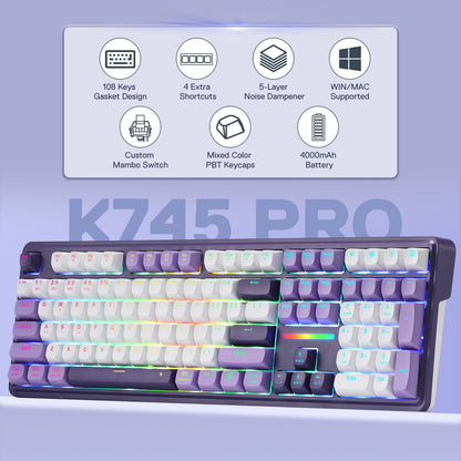 Redragon ANTONIUM K745 PRO 108 Keys Wireless Gasket Mechanical Keyboard, Purple