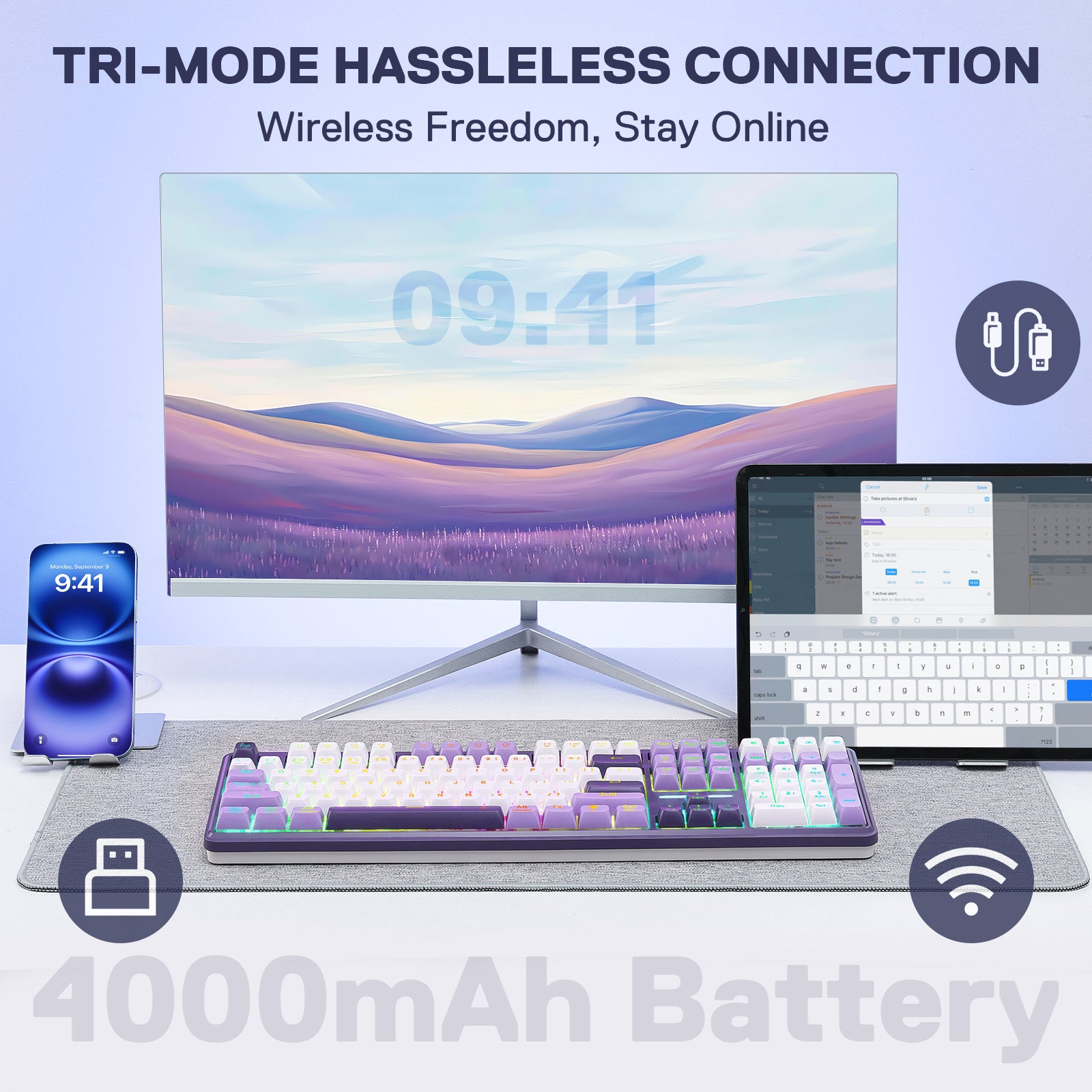 Redragon ANTONIUM K745 PRO 108 Keys Wireless Gasket Mechanical Keyboard, Purple