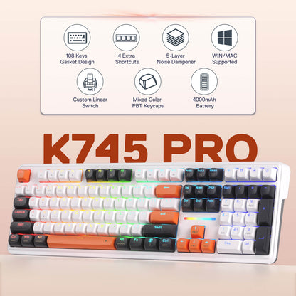 Redragon K745 Mechanical Gaming Keyboard – Win&Mac Switch, White & Orange, RGB backlighting, and a numeric keypad, shown below a feature infographic on a light peach background. Large text reads 'K745 PRO'.