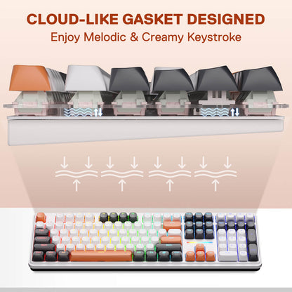 Redragon K745 Mechanical Gaming Keyboard – Win&Mac Switch, White & Orange, CLOUD-LIKE GASKET DESIGNED' and 'Enjoy Melodic & Creamy Keystroke' 