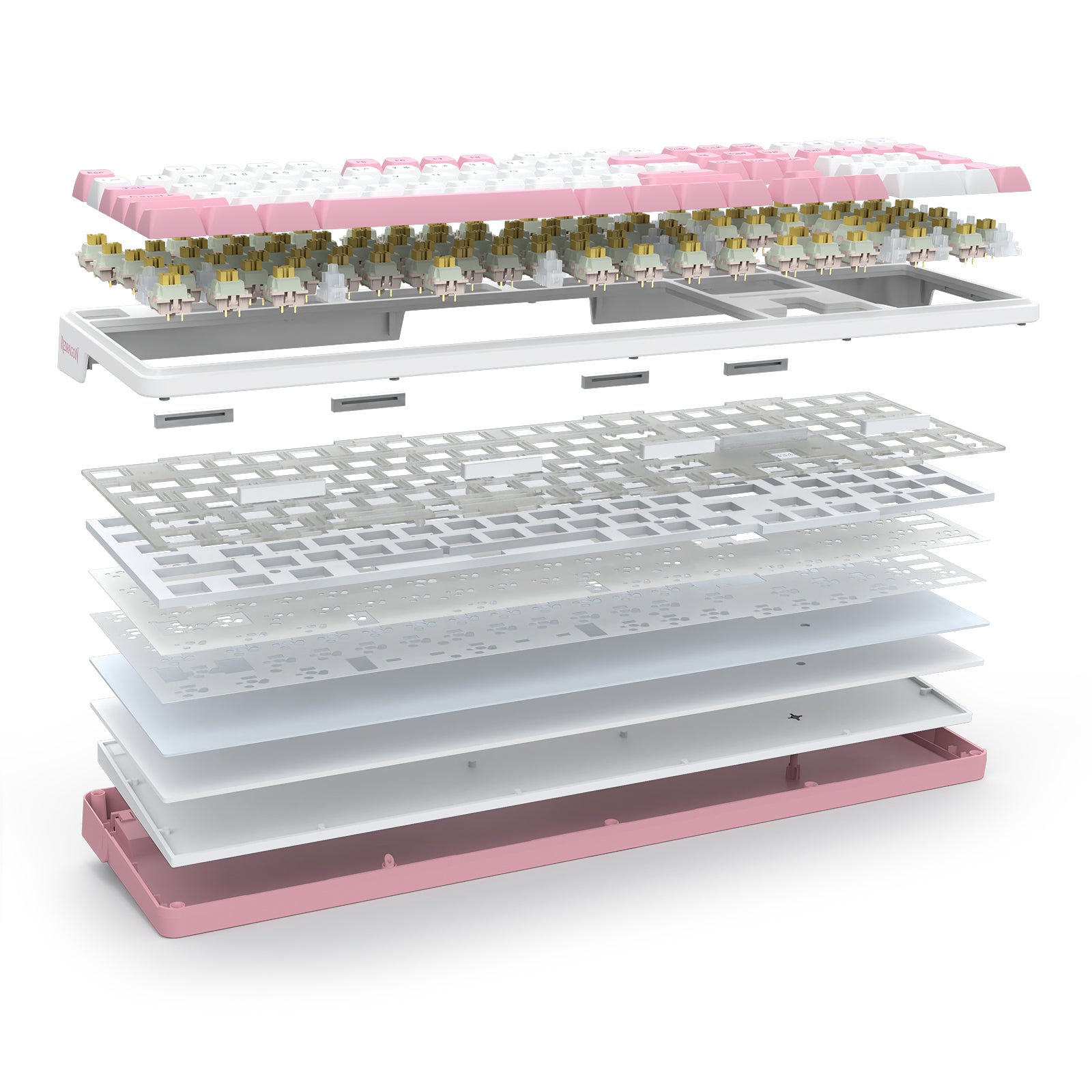 An exploded view of a mechanical keyboard showing its layered components, including the pink and white keycaps, switches, plate, and base, on a solid white background.