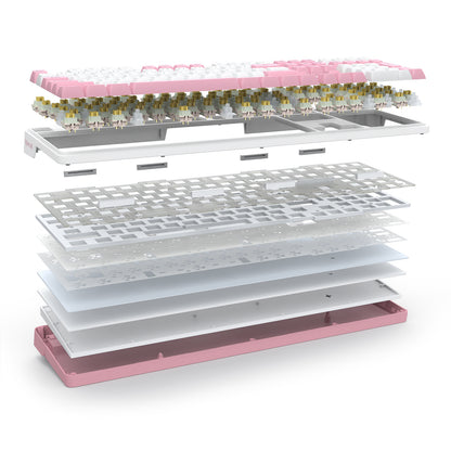 An exploded view of a mechanical keyboard showing its layered components, including the pink and white keycaps, switches, plate, and base, on a solid white background.