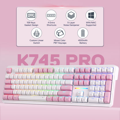 Redragon K745 PRO Wireless 108-Key Gasket RGB Gaming Keyboard, 4 Hotkeys
Extra Shortcut Keys, 0-Delay Tri-Mode, Cushioned Noise Dampening for Creamy Thocky Sound, Unfaded PBT Keycaps, PRO Software