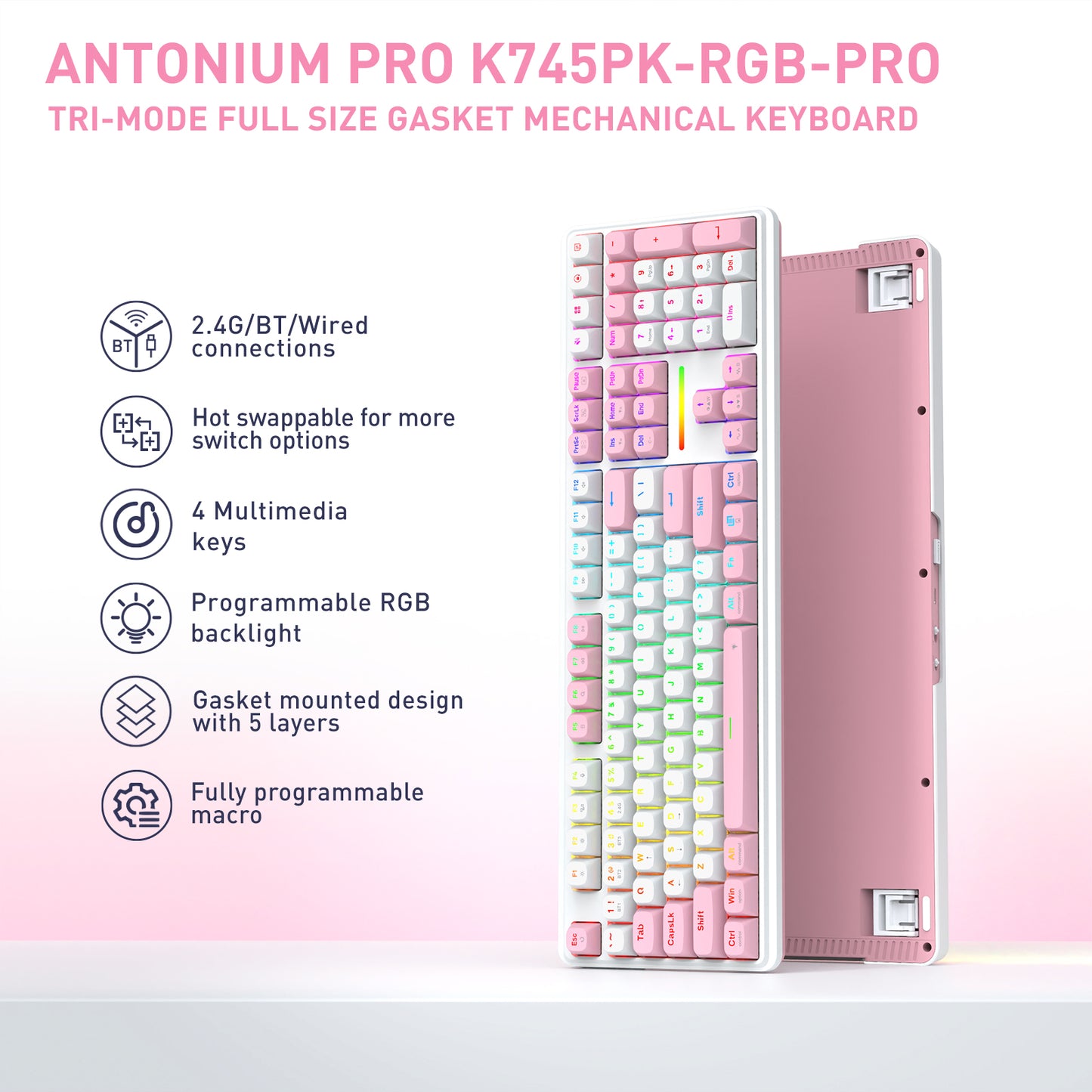 Antonium Pro K745PK-RGB-Pro tri-mode full size gasket mechanical keyboard shown in a pink and pastel rainbow color scheme, with a vertical list of product features on the left.