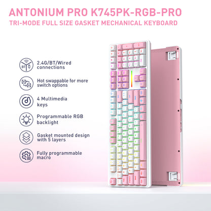 Antonium Pro K745PK-RGB-Pro tri-mode full size gasket mechanical keyboard shown in a pink and pastel rainbow color scheme, with a vertical list of product features on the left.