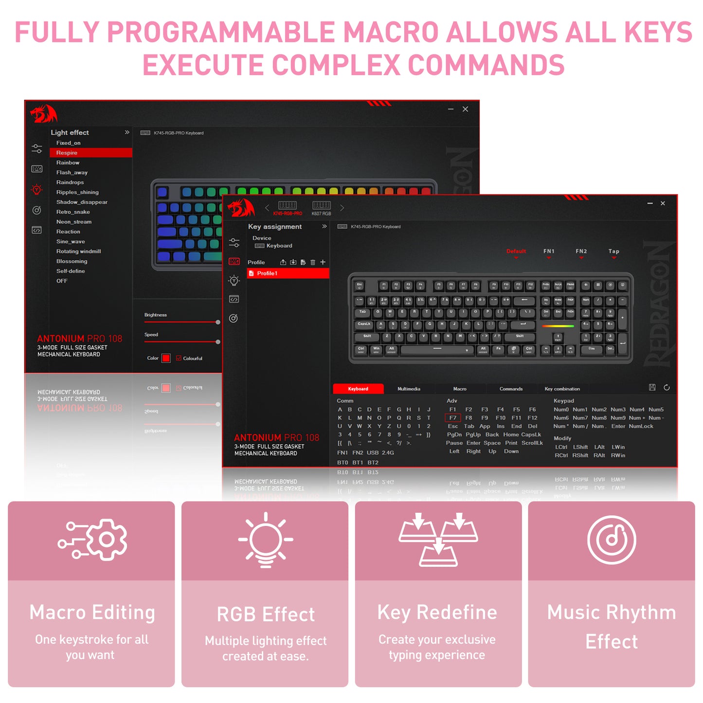 Promotional graphic for a programmable macro software or keyboard control interface, showing three overlapping dark UI panels with keyboard and RGB lighting previews, plus pink text reading 'FULLY PROGRAMMABLE MACRO ALLOWS ALL KEYS TO EXECUTE COMPLEX COMMANDS' and four pink feature icons below.
