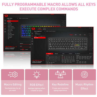 Promotional graphic for a programmable macro software or keyboard control interface, showing three overlapping dark UI panels with keyboard and RGB lighting previews, plus pink text reading 'FULLY PROGRAMMABLE MACRO ALLOWS ALL KEYS TO EXECUTE COMPLEX COMMANDS' and four pink feature icons below.