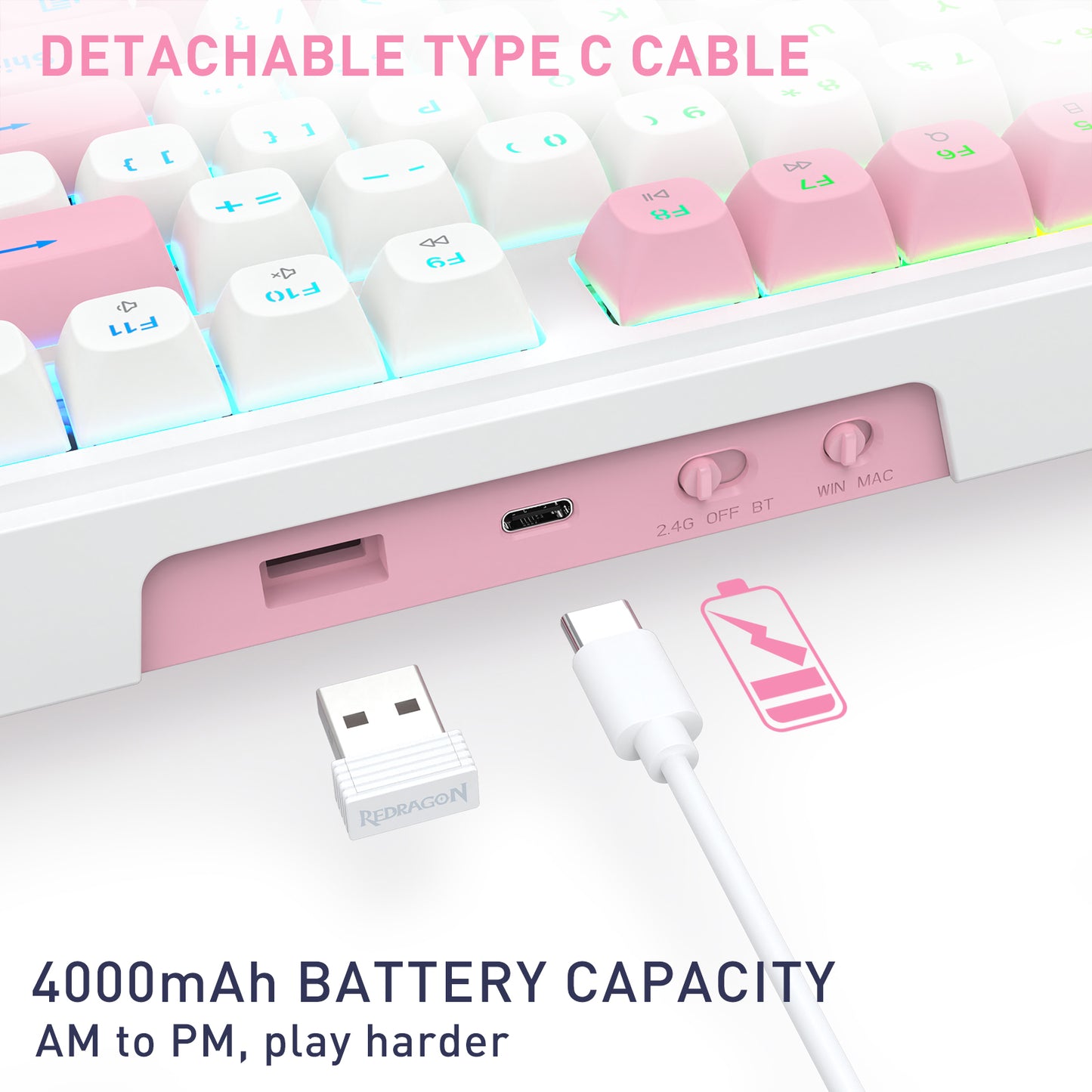 Redragon K745  'DETACHABLE TYPE C CABLE' and text at the bottom reads '4000mAh BATTERY CAPACITY AM to PM, play harder'.