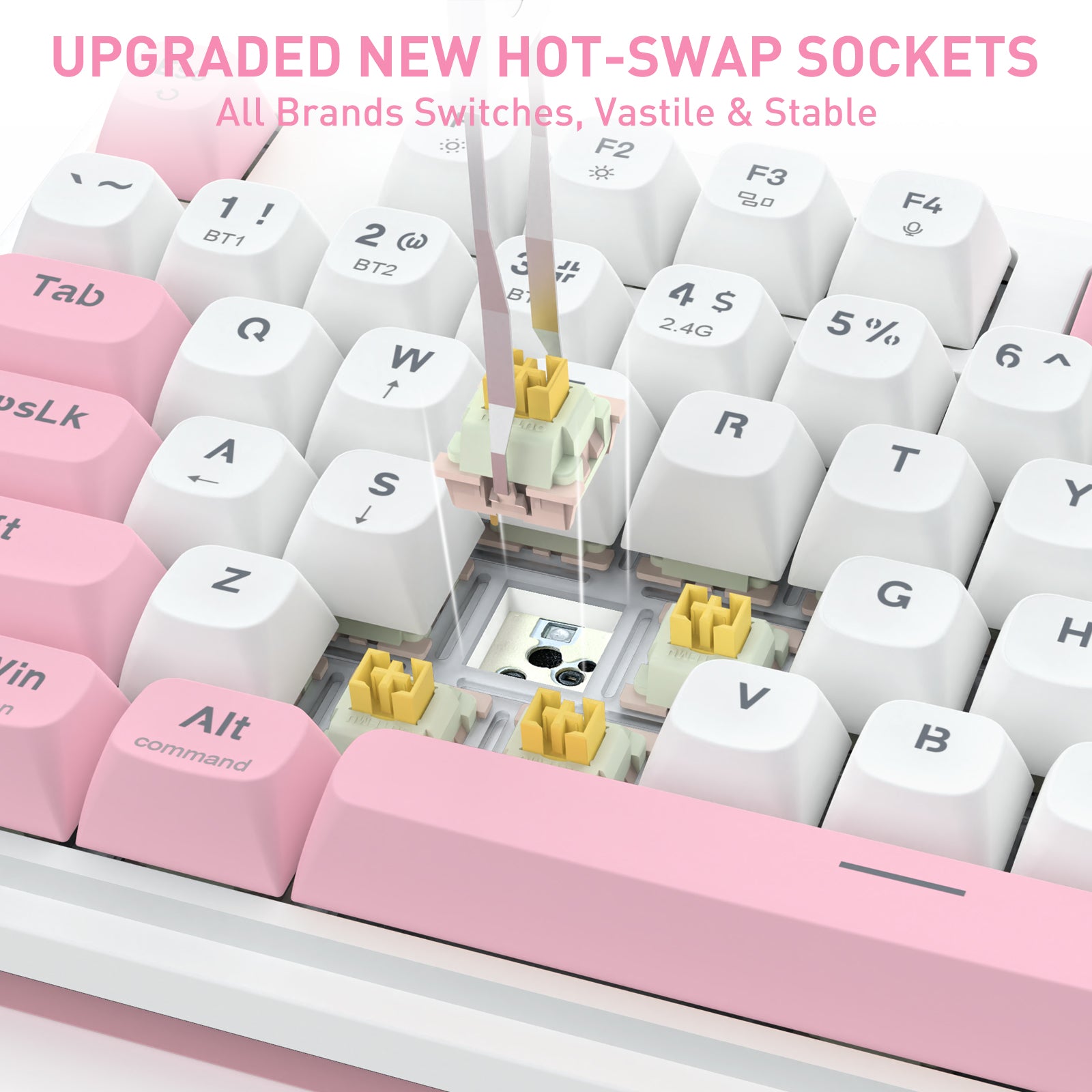 A close-up of a pink and white mechanical keyboard with a hot-swappable switch socket being demonstrated. The center key area is open, showing a gold switch module held by tweezers and a metal spring tool, with the text 'UPGRADED NEW HOT-SWAP SOCKETS' at the top.