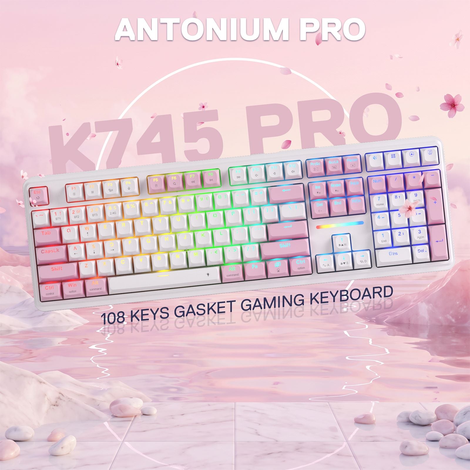 Redragon K745 PRO Wireless 108-Key Gasket RGB Gaming Keyboard, Pink