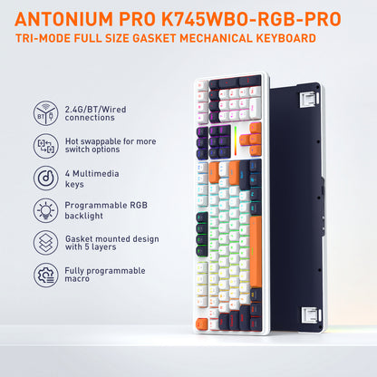 Antonium Pro K745WBO-RGB-Pro tri-mode full size gasket mechanical keyboard shown in a clean studio-style graphic with feature callouts on the left. The keyboard is displayed in three stacked views to show the front layout, side profile, and backplate.