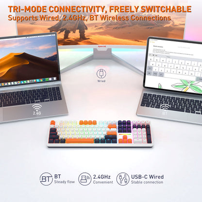 A compact mechanical keyboard with a white body and multicolor switches is shown on a desk setup with two laptops and a monitor. Text at the top reads 'TRI-MODE CONNECTIVITY, FREELY SWITCHABLE Supports Wired, 2.