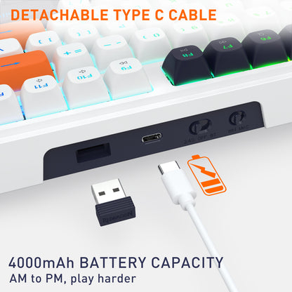 A close-up of a white mechanical keyboard showing a USB-C port, with a detachable USB-C cable and a small USB receiver displayed in front. Text overlays read 'DETACHABLE TYPE C CABLE' and '4000mAh BATTERY CAPACITY AM to PM, play harder'.
