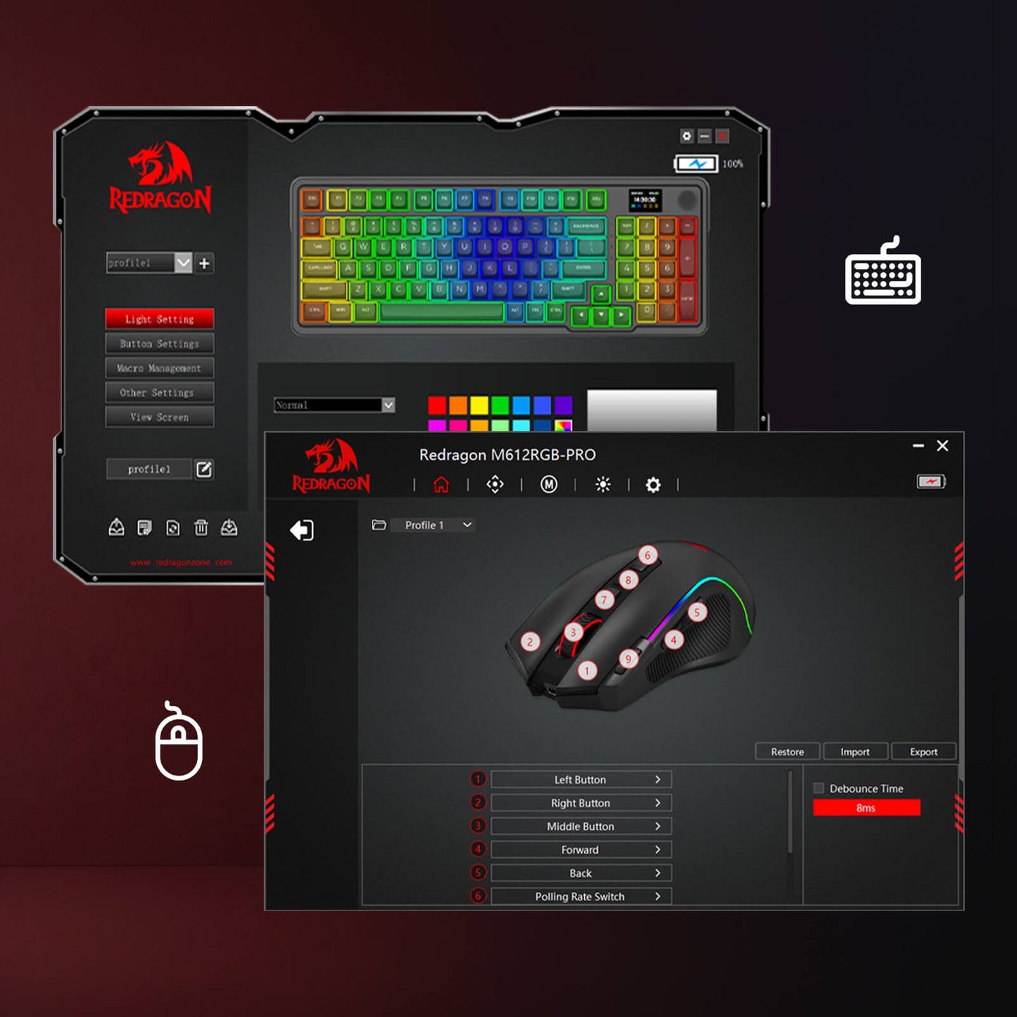 Redragon software interface showing a RGB mechanical keyboard and a mouse customization preview on a dark gradient background.