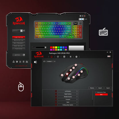 Redragon software interface showing a RGB mechanical keyboard and a mouse customization preview on a dark gradient background.