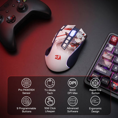 Redragon Anime Keyboard & Mouse Combo, K719 PRO KB + M612AK 8000 DPI Mice | Multi-Function Control Knob, LED Screen & Knob, 0-Delay Tri-Mode, 95 keys Creamy Cushioned Typing, 9 Button Macro Combos