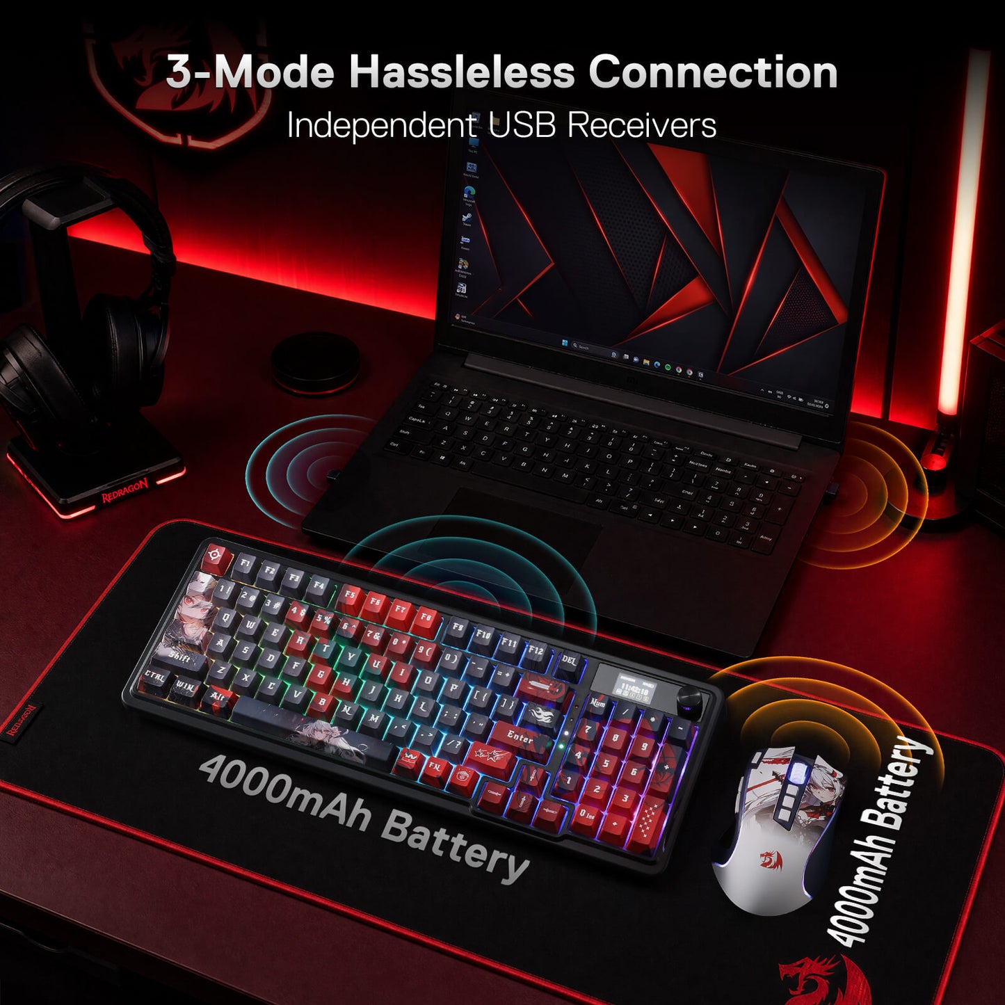 Redragon Anime Keyboard & Mouse Combo, K719 PRO , '3-Mode Hassleless Connection', 'Independent USB Receivers', and '4000mAh Battery'.