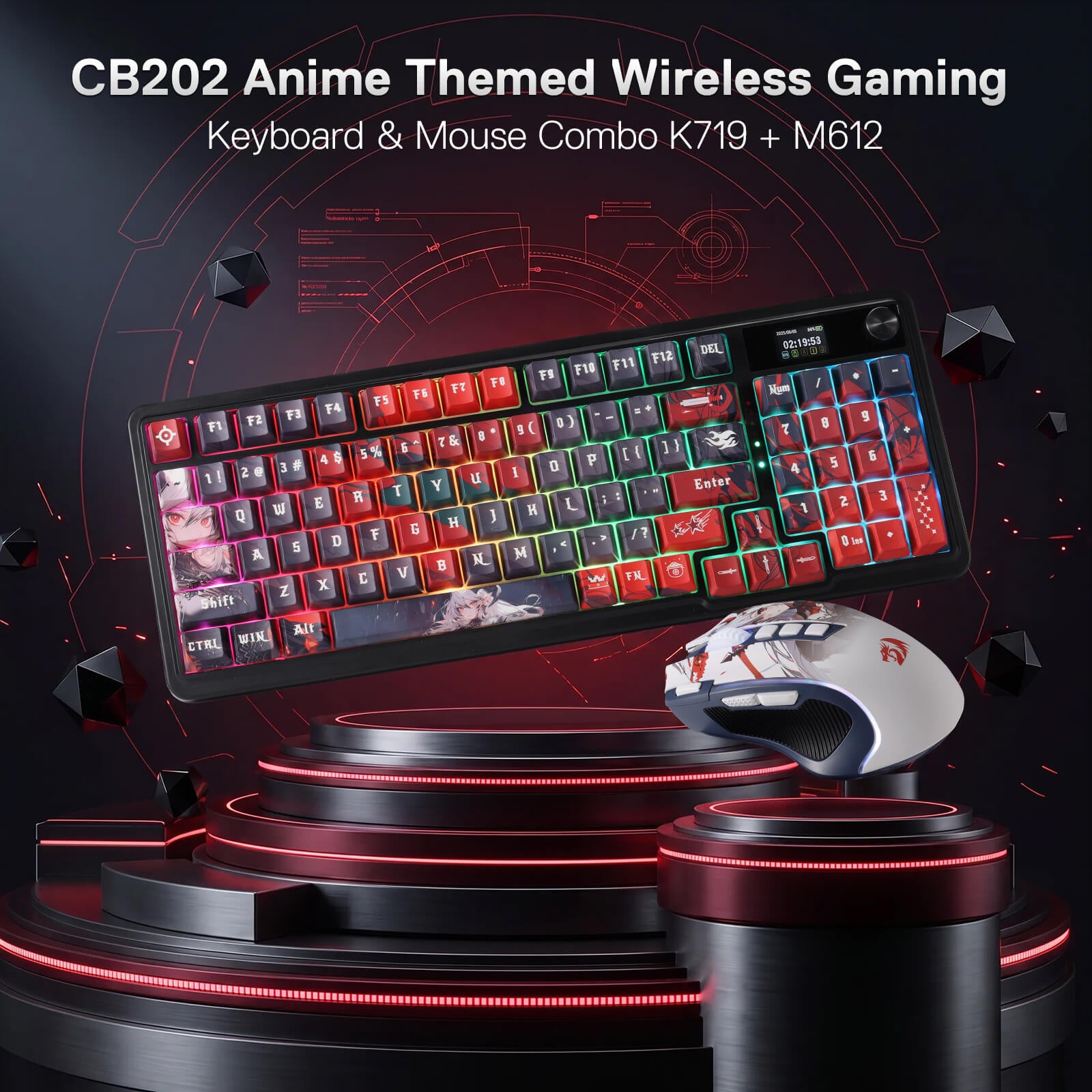 Redragon Anime Keyboard & Mouse Combo, K719 PRO KB + M612AK 8000 DPI Mice | Multi-Function Control Knob, LED Screen & Knob, 0-Delay Tri-Mode, 95 keys Creamy Cushioned Typing, 9 Button Macro Combos