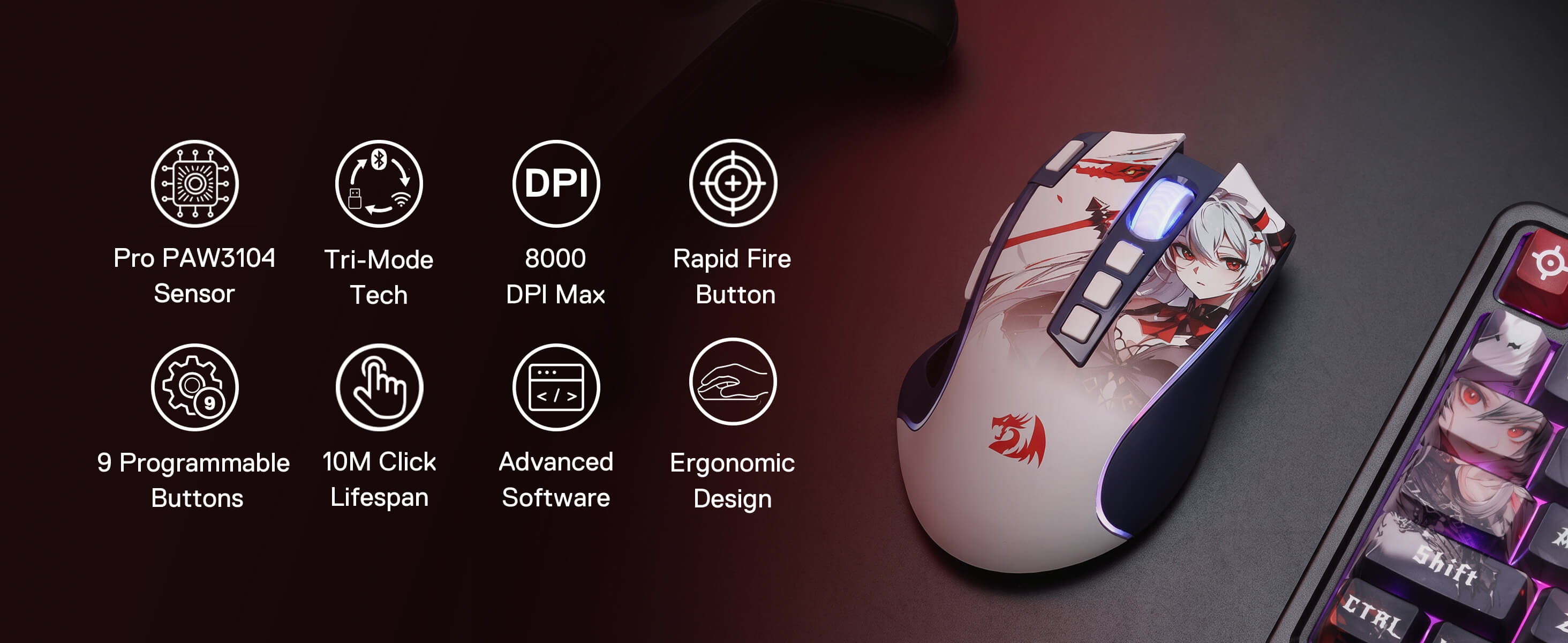 Redragon Anime Keyboard & Mouse Combo, K719 PRO KB + M612AK 8000 DPI Mice
Multi-Function Control Knob, LED Screen & Knob, 0-Delay Tri-Mode, 95 keys Creamy Cushioned Typing, 9 Button Macro Combos