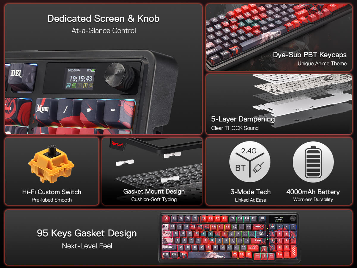 Redragon Anime Keyboard & Mouse Combo, K719 PRO KB + M612AK 8000 DPI Mice
Multi-Function Control Knob, LED Screen & Knob, 0-Delay Tri-Mode, 95 keys Creamy Cushioned Typing, 9 Button Macro Combos