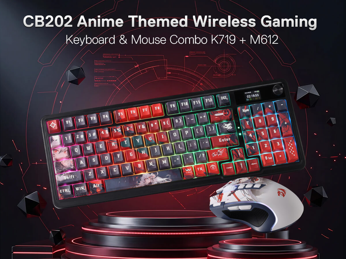 Redragon Anime Keyboard & Mouse Combo, K719 PRO KB + M612AK 8000 DPI Mice
Multi-Function Control Knob, LED Screen & Knob, 0-Delay Tri-Mode, 95 keys Creamy Cushioned Typing, 9 Button Macro Combos