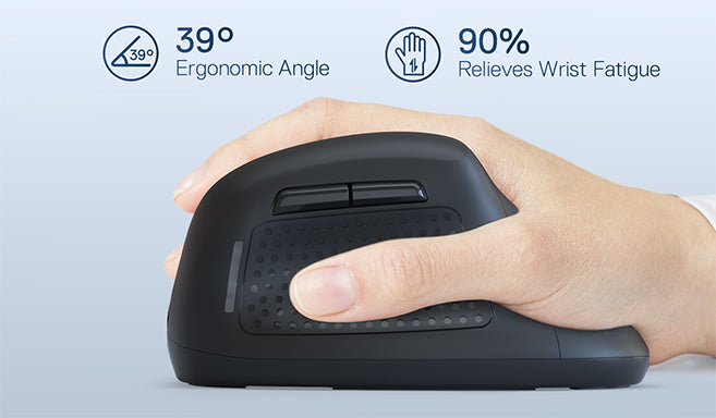Redragon Ergonomic mouse with text highlighting ergonomic angle and wrist fatigue relief on a light gray background