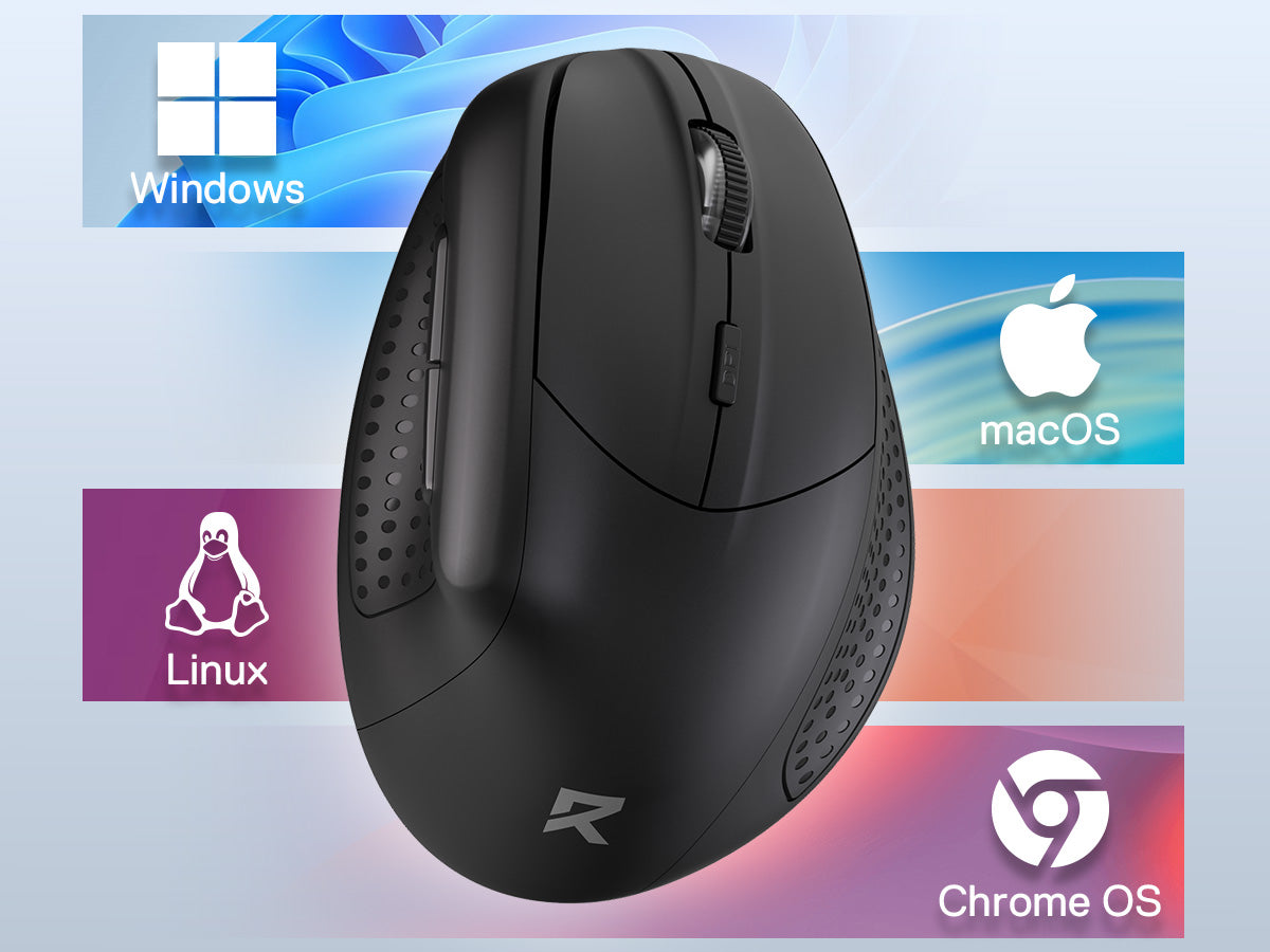 Black computer mouse with logos of Windows, macOS, Linux, and Chrome OS on a gradient background.