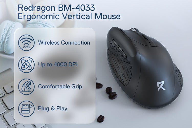 Redragon BM-4033 Wireless Vertical Ergonomic Mouse, 2.4GHz Connection, 5 Levels Up to 4000 DPI, Auto Power Saving Mice for Laptop, Desktop, PC, Black