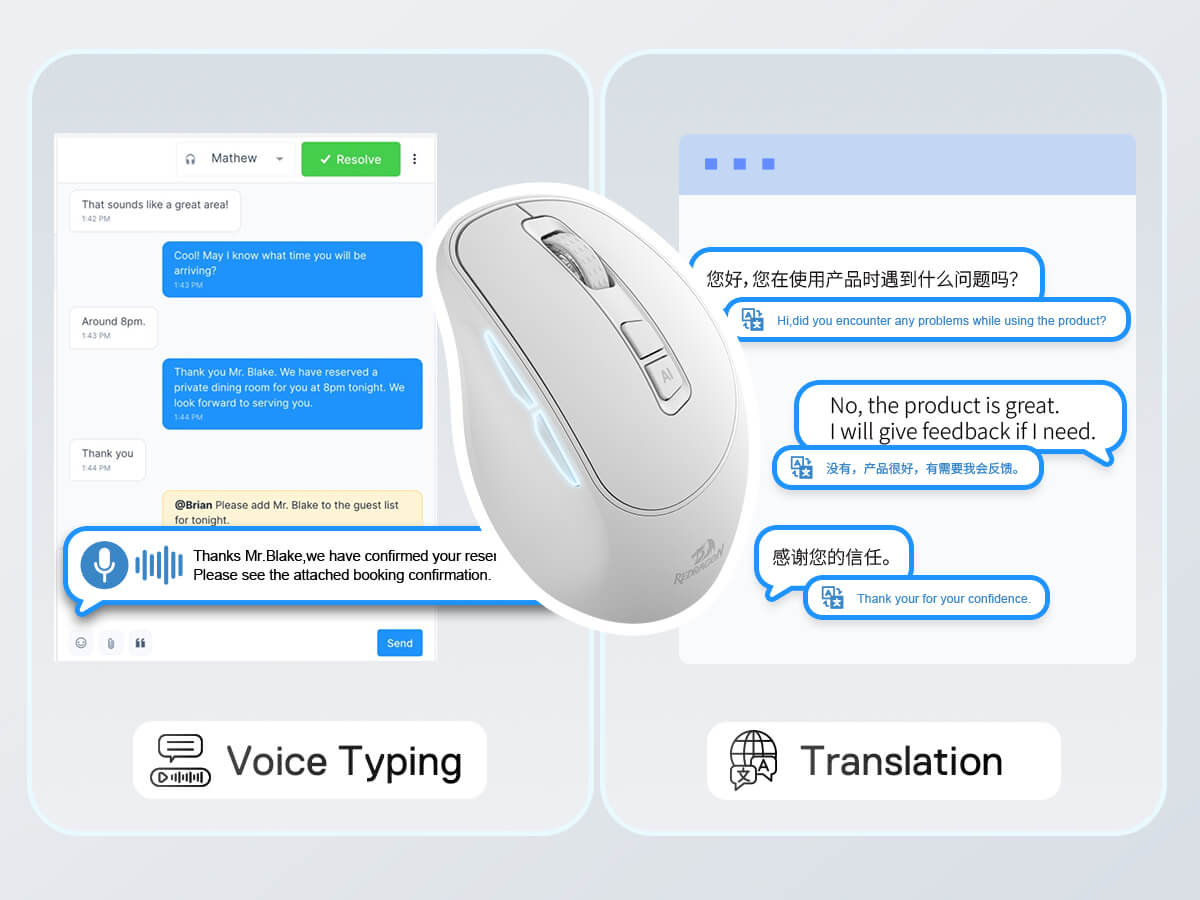Redragon BM4195 AI Smart Wireless Mouse, 2.4G & BT Computer Office Mouse, Translate & Voice Typing, 5 DPI Adjustable, Ergonomic Design, Long Battery Life, for Laptop/Desktop/PC, White