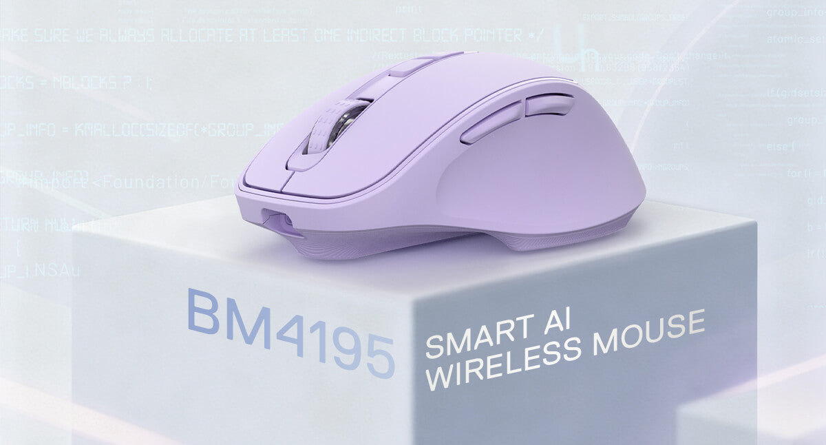 Purple smart AI wireless mouse on a white platform with branding text.