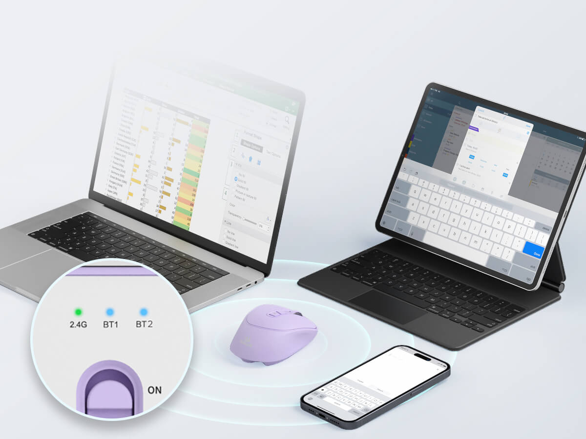 Laptop, tablet, mouse, and smartphone on a light gray background with connectivity indicators.
