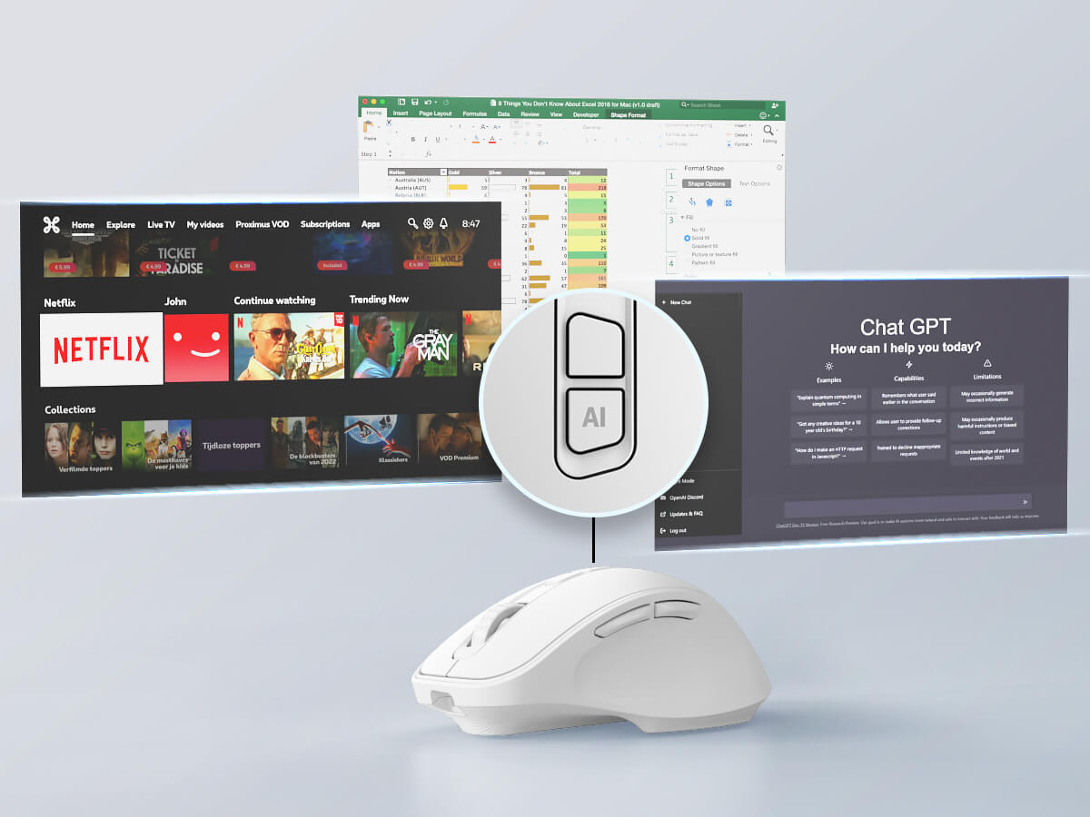 White computer mouse on a light gray surface with multiple screens displaying different applications in the background.