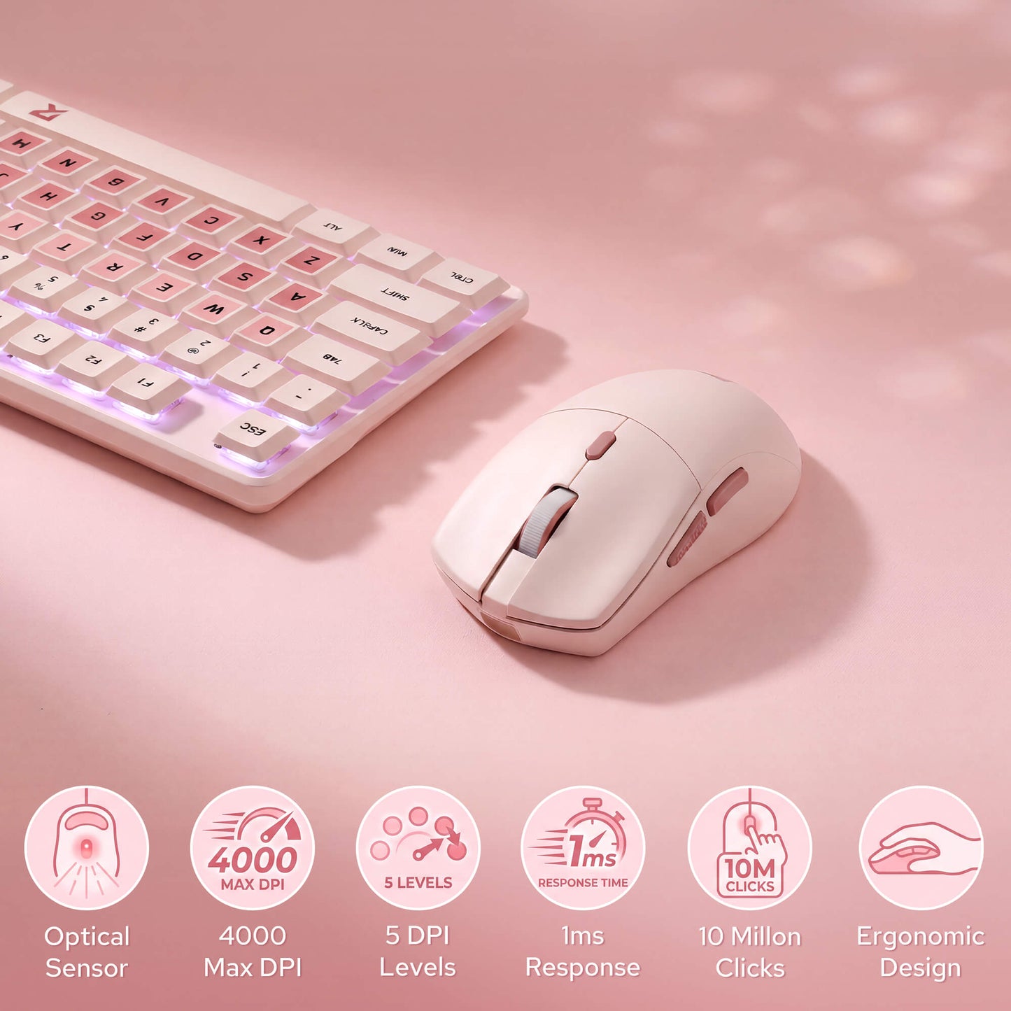 Redragon BS 8531 Wireless Keyboard & Mouse Combo, 104 Keys Low-Profile Mechanical Switch White LED Gaming Keyboard and 8000 DPI Mouse Bundle, Sakura Pink