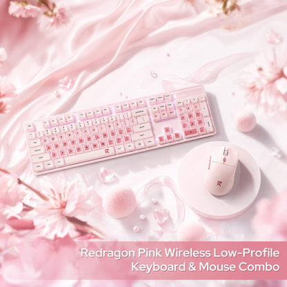 Redragon BS 8531 Wireless Keyboard & Mouse Combo, 104 Keys Low-Profile Mechanical Switch White LED Gaming Keyboard and 8000 DPI Mouse Bundle, Sakura Pink