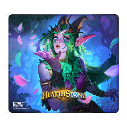 Mouse pad with a fantasy character design and 'Hearthstone' branding on a blue background.  | show