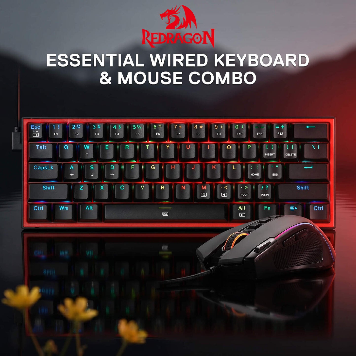 Redragon wired keyboard and mouse combo shown on a dark reflective surface with red ambient lighting. The image includes the Redragon logo and the text 'ESSENTIAL WIRED KEYBOARD & MOUSE COMBO' at the top.