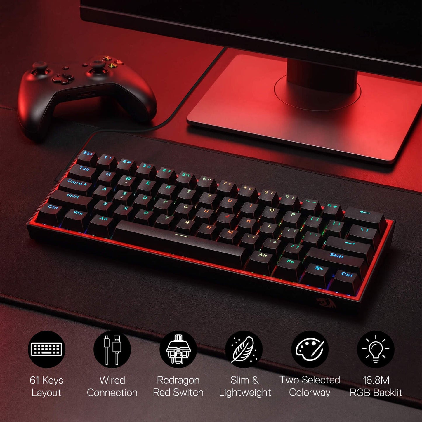 A black mechanical gaming keyboard with red LED backlighting and a red accent border, shown on a desk with a game controller, monitor stand, and a row of feature icons at the bottom.